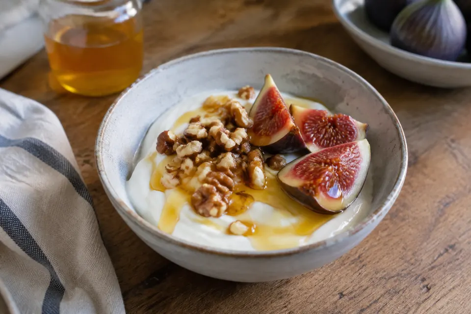 Greek yoghurt with walnuts & honey, served and ready to eat