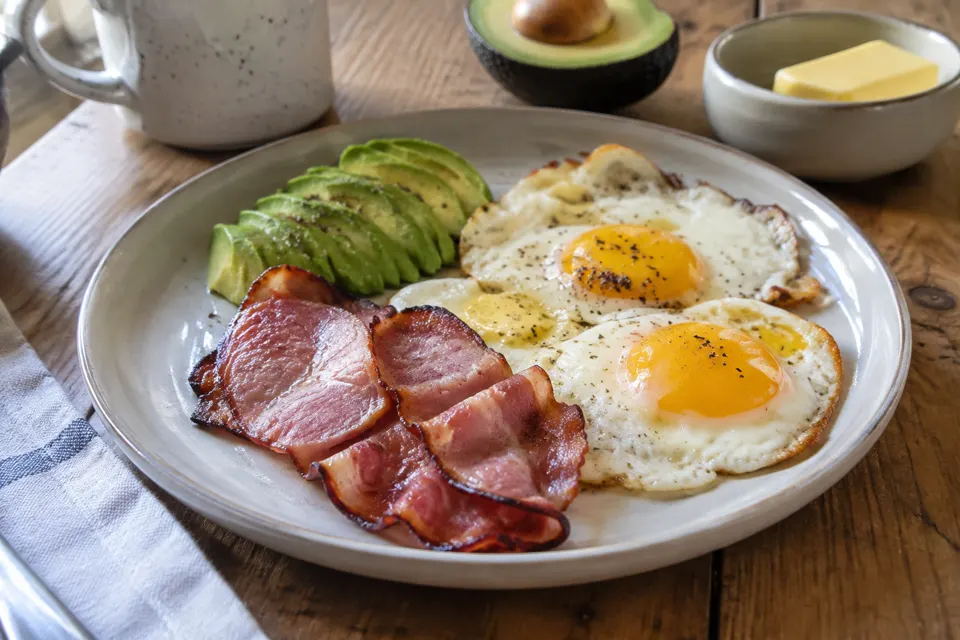 Bacon, eggs & avocado, served and ready to eat