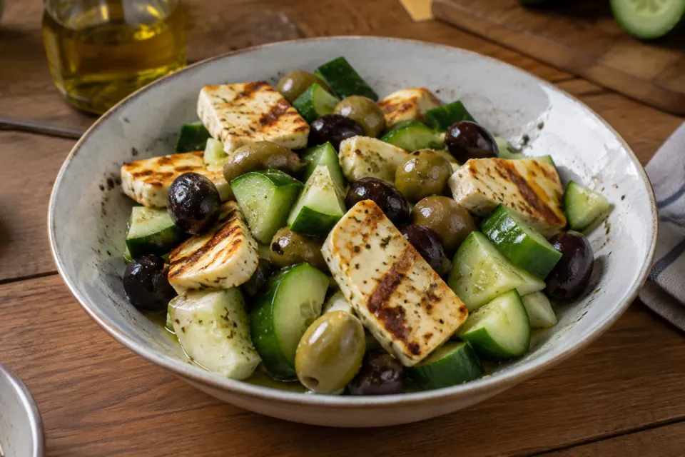 Halloumi & cucumber salad, served and ready to eat