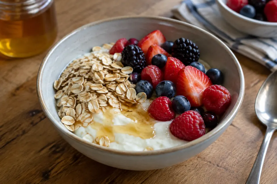 Greek yoghurt bowl with berries & oats, served and ready to eat