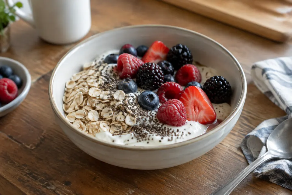Soy yoghurt, oats & berries, served and ready to eat