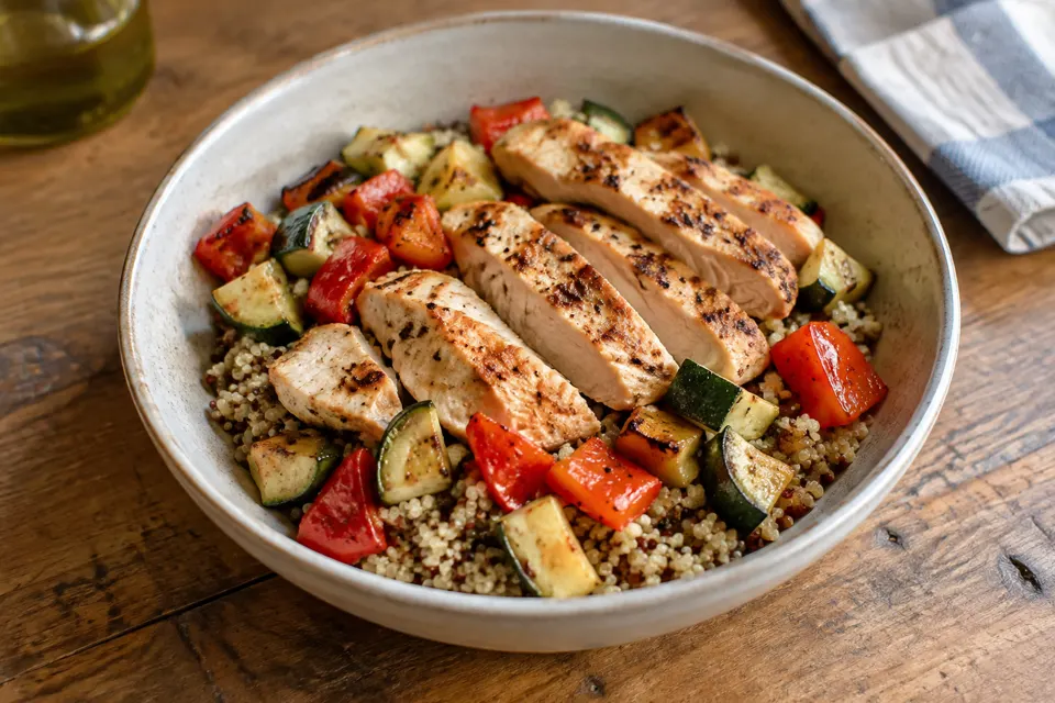 Chicken, quinoa & roasted veg bowl, served and ready to eat