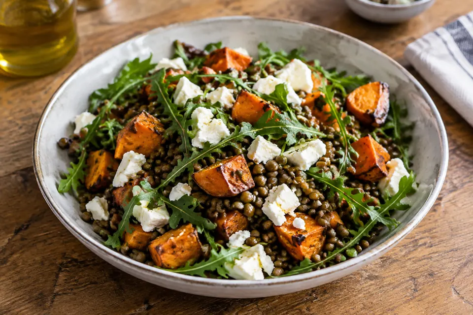 Lentil & roasted veg salad with feta, served and ready to eat