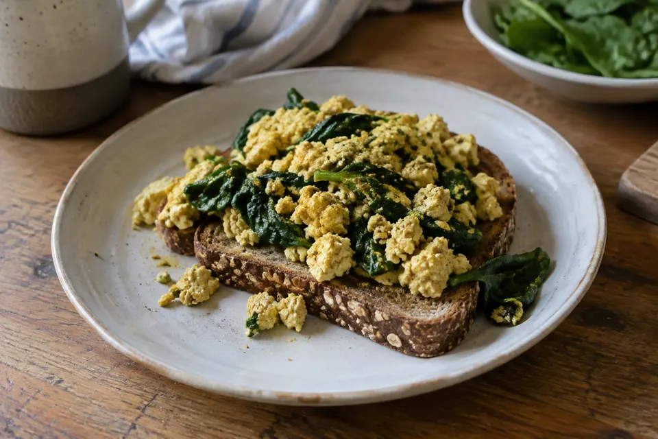 Tofu scramble on toast, served and ready to eat
