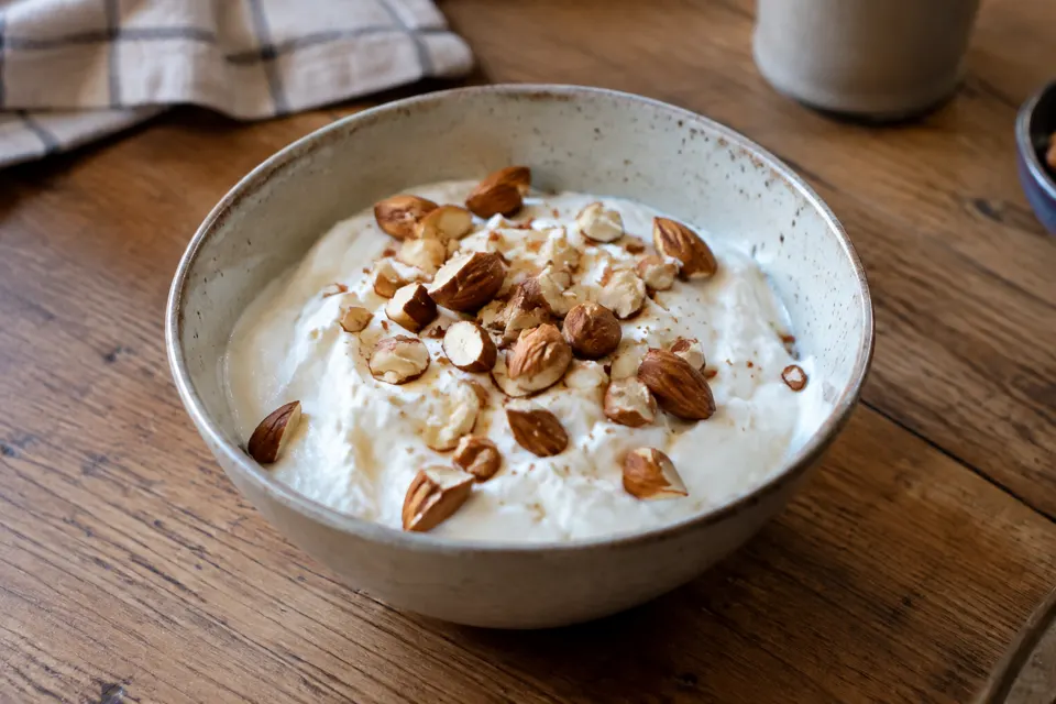 Skyr with almonds, served and ready to eat