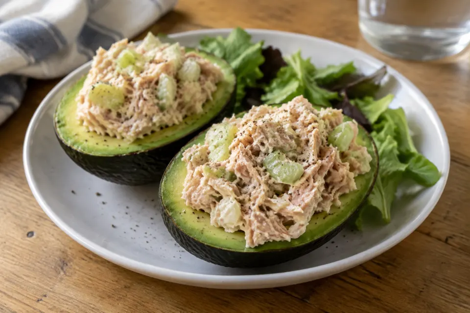 Tuna-stuffed avocado, served and ready to eat