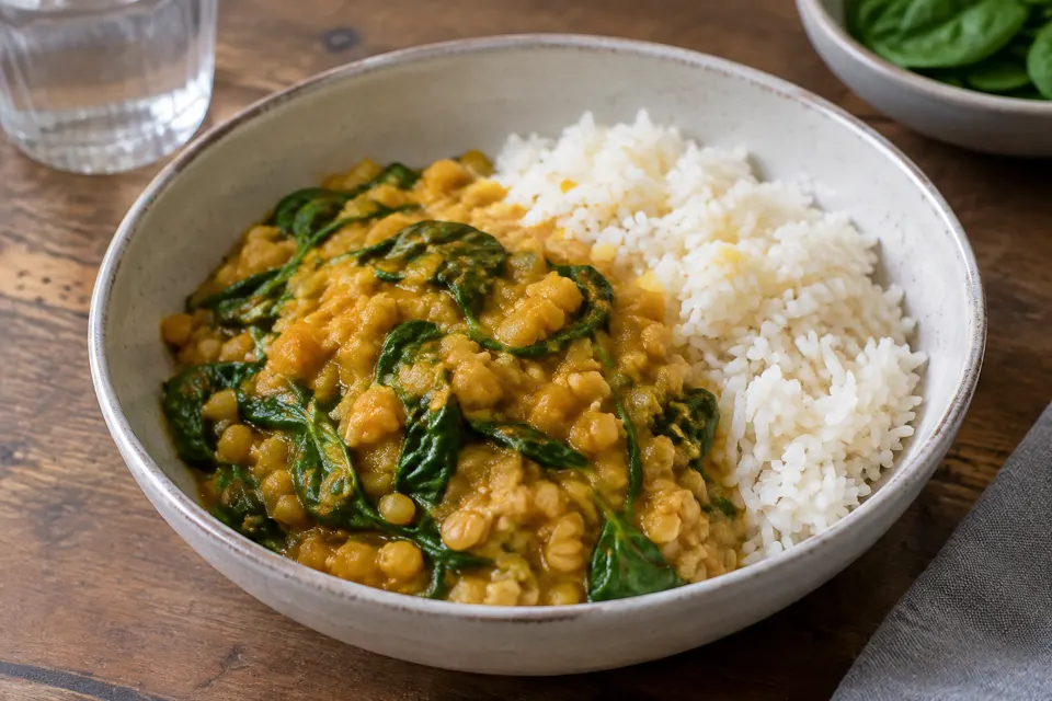 Red lentil & spinach dal with rice, served and ready to eat