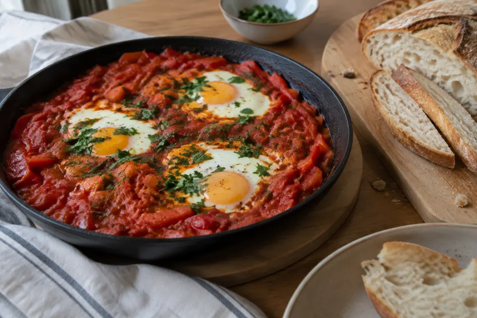 Shakshuka with crusty bread, served and ready to eat