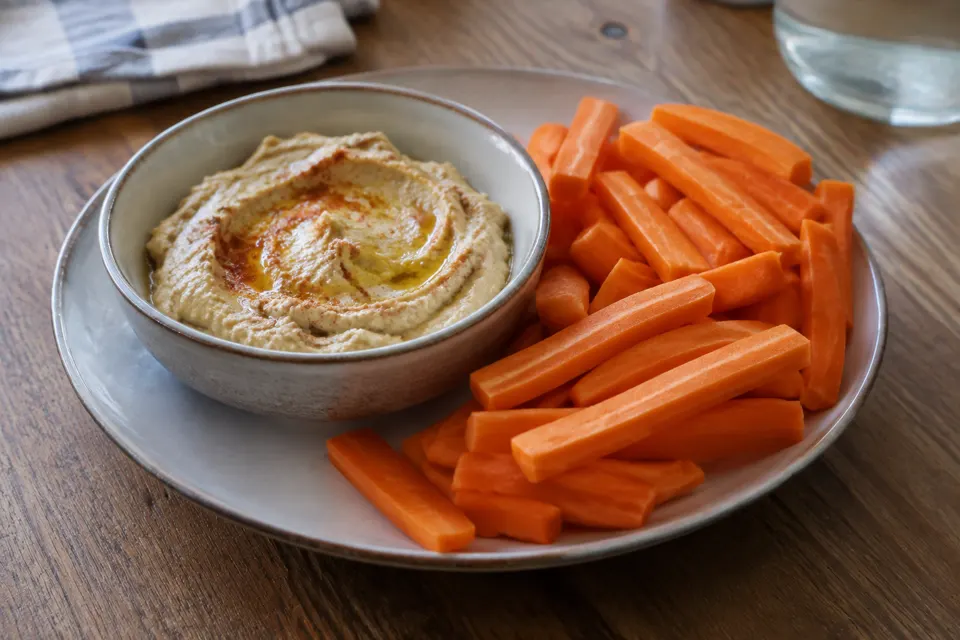 Hummus & carrot sticks, served and ready to eat