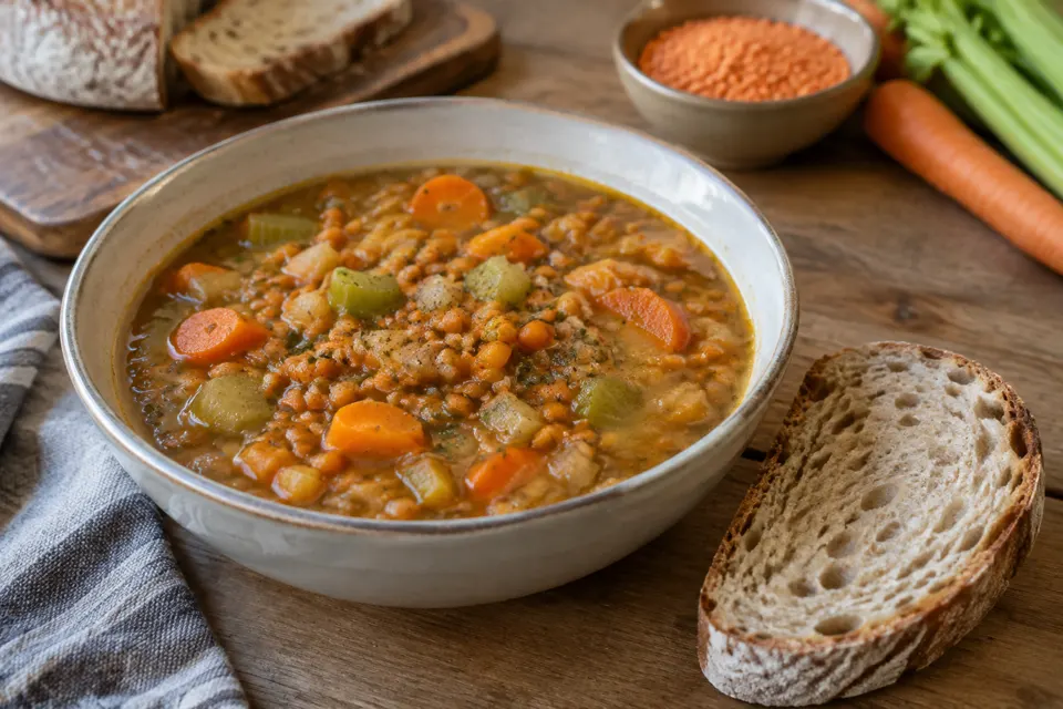 Lentil & vegetable soup with bread, served and ready to eat
