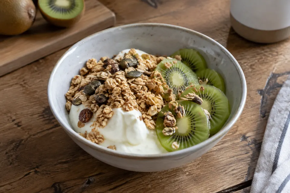 Greek yoghurt, granola & kiwi, served and ready to eat