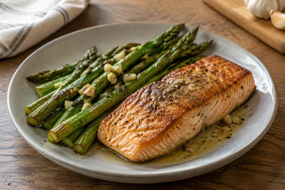 Pan-seared salmon & garlic butter asparagus, served and ready to eat