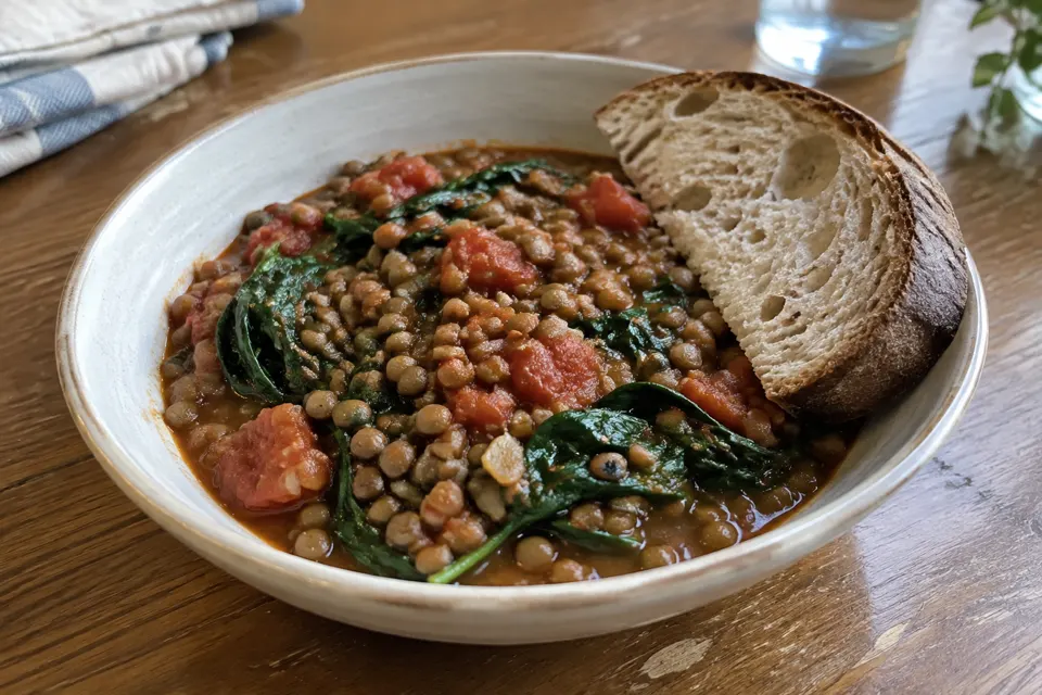 Lentil, spinach & tomato stew, served and ready to eat