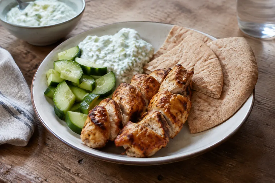 Chicken souvlaki with tzatziki & pitta, served and ready to eat