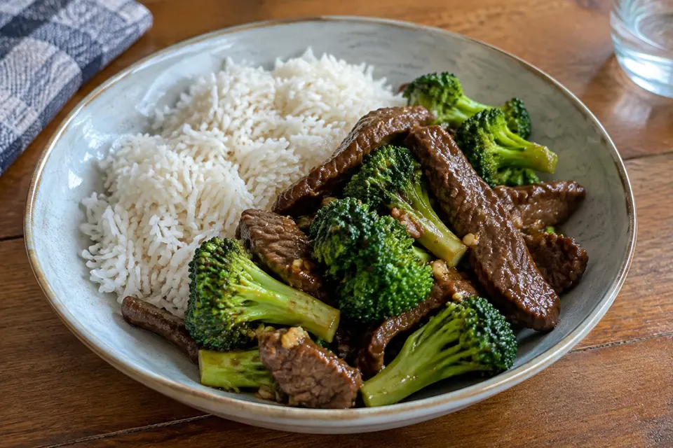 Beef & broccoli stir-fry with rice, served and ready to eat