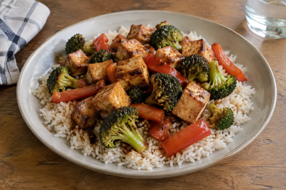 Crispy tofu & veg stir-fry with rice, served and ready to eat