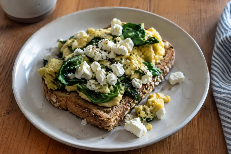 Spinach & feta egg scramble on toast, served and ready to eat