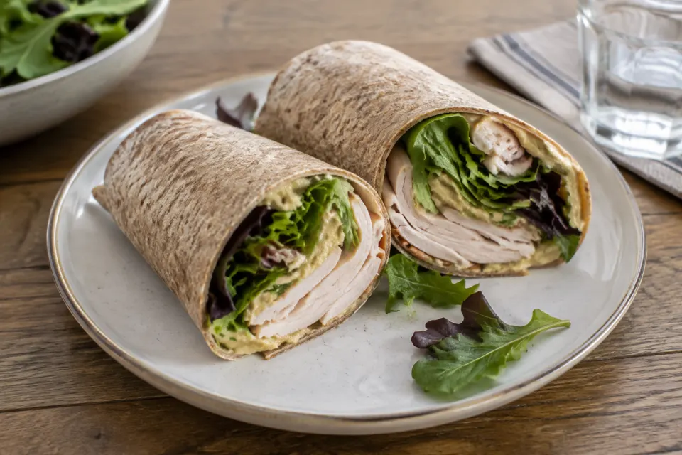 Turkey & hummus wholegrain wrap, served and ready to eat