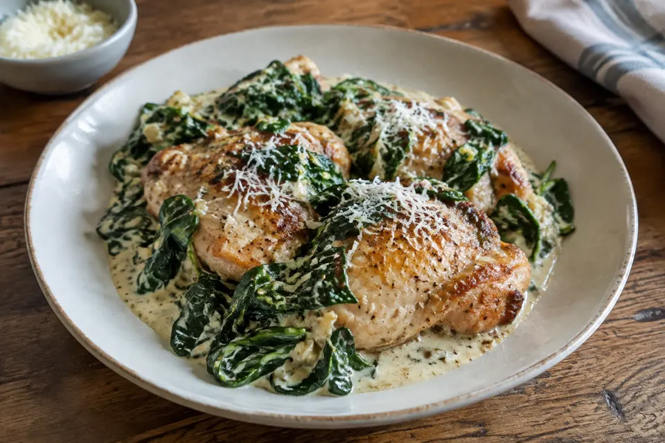 Creamy chicken thighs with spinach, served and ready to eat