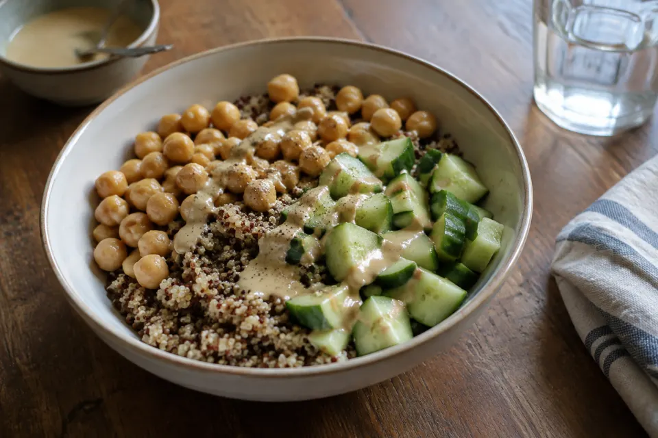 Chickpea, quinoa & tahini bowl, served and ready to eat