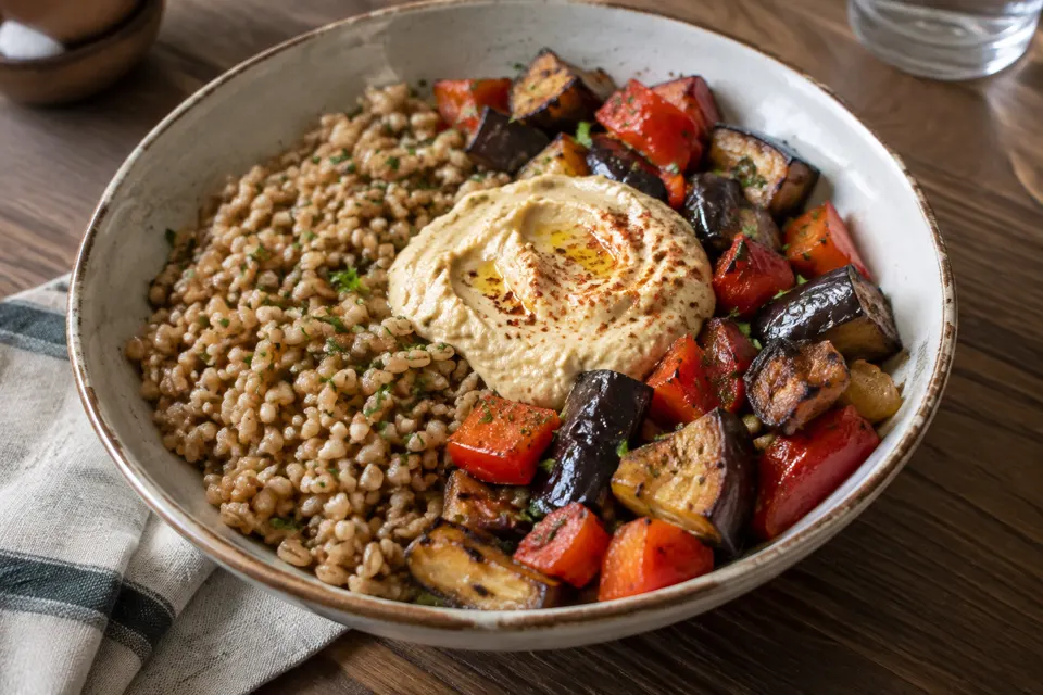 Farro, roasted veg & hummus bowl, served and ready to eat