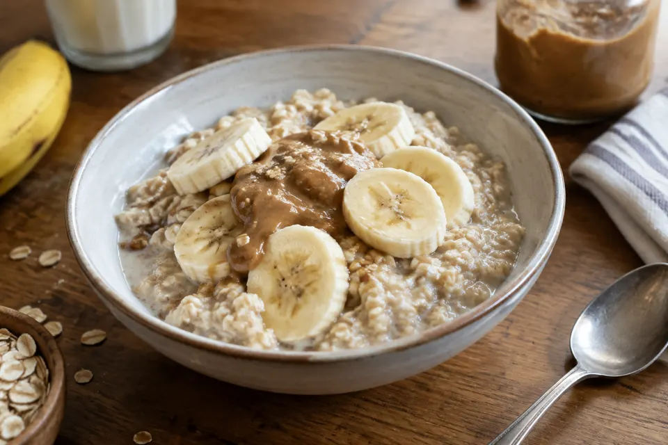 Peanut butter banana porridge, served and ready to eat