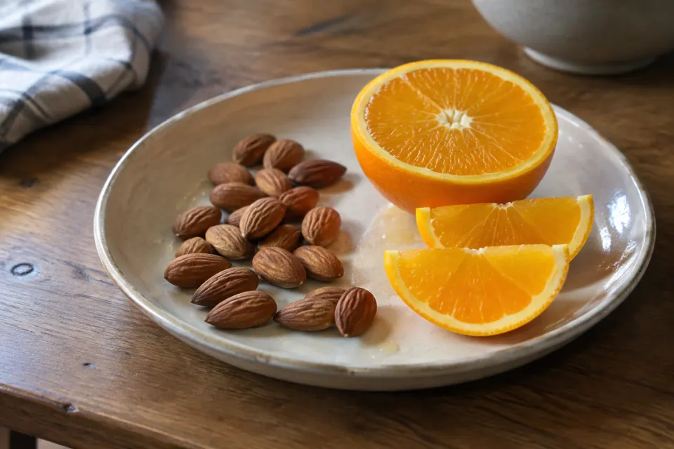 Almonds & an orange, served and ready to eat