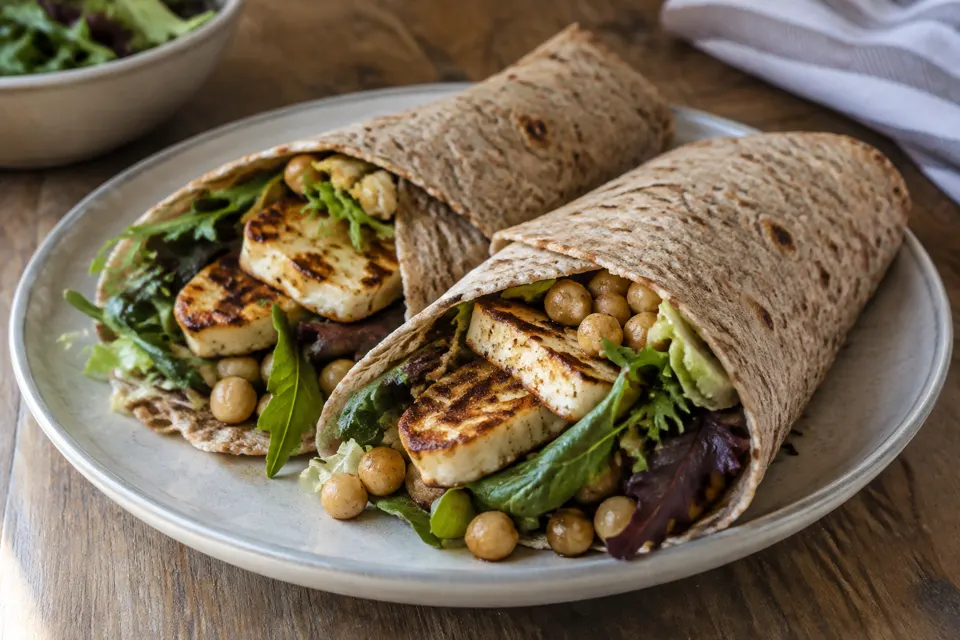 Halloumi & chickpea wrap, served and ready to eat