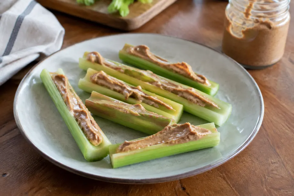 Celery with almond butter, served and ready to eat