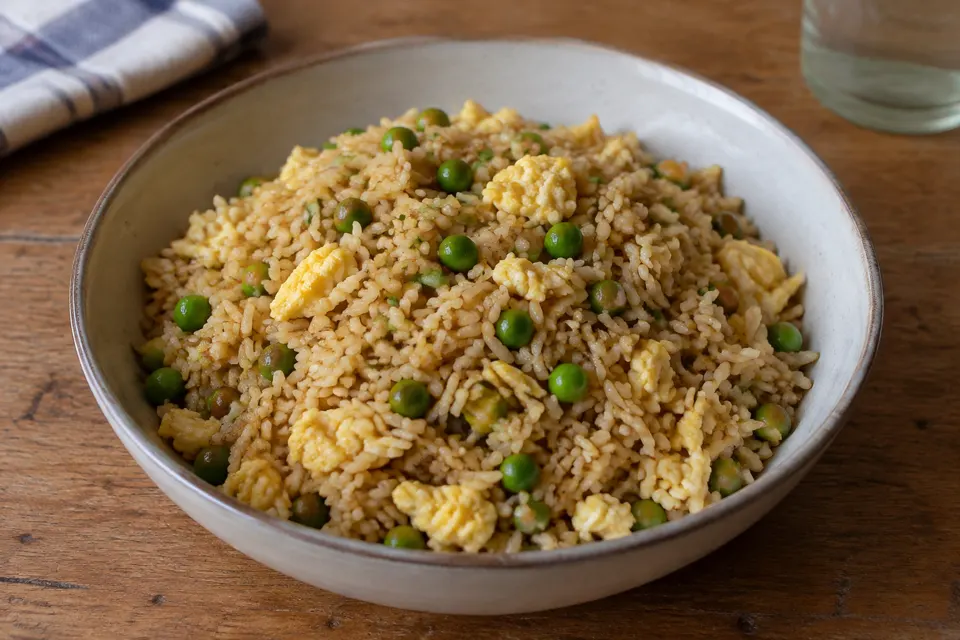 Egg fried rice with peas, served and ready to eat