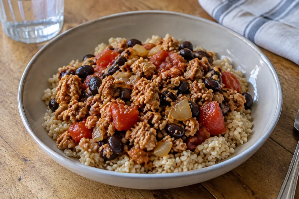 Chicken chilli with black beans, served and ready to eat