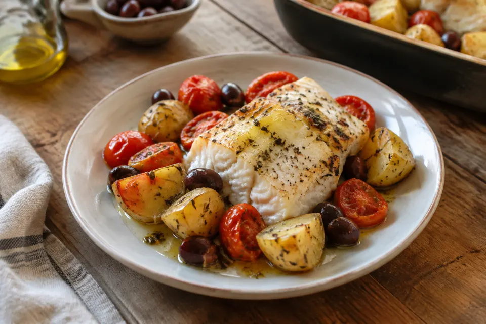 Baked cod with tomatoes, olives & potatoes, served and ready to eat