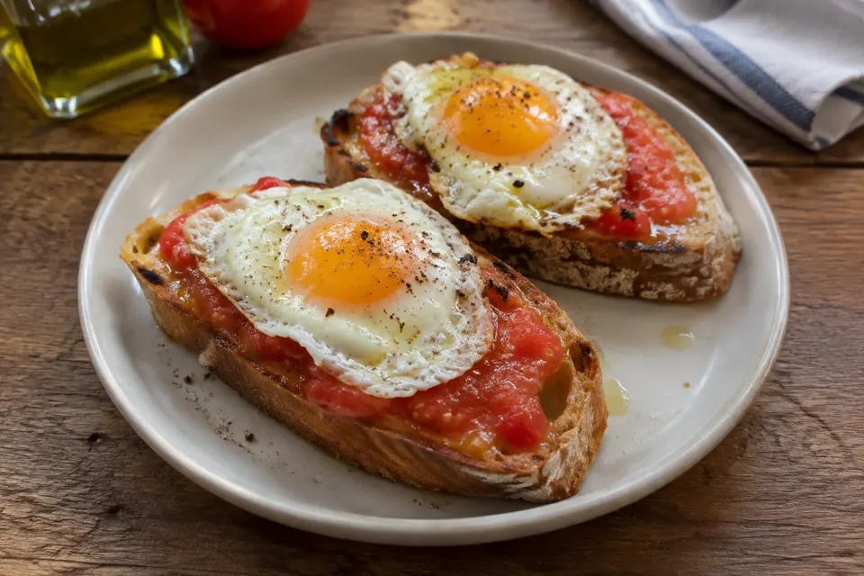 Tomato & olive oil toast with eggs, served and ready to eat