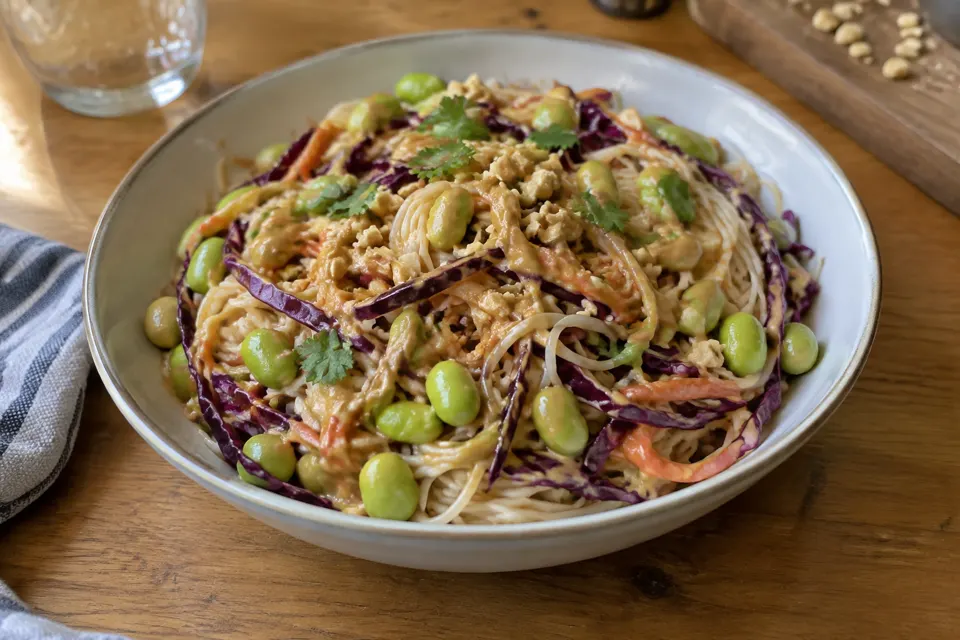 Edamame & peanut noodle salad, served and ready to eat