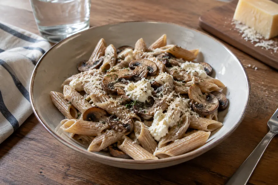 Mushroom & ricotta wholewheat pasta, served and ready to eat