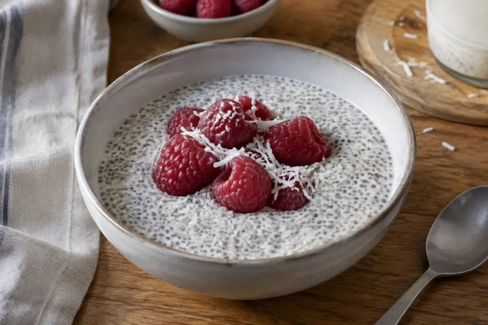 Chia & coconut pudding, served and ready to eat