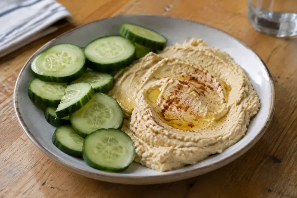 Hummus & cucumber, served and ready to eat