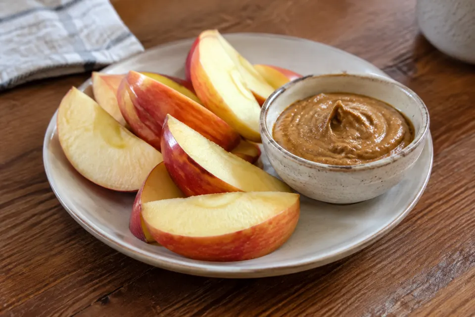 Apple & almond butter, served and ready to eat