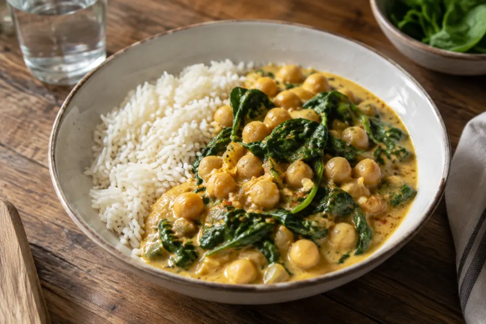 Chickpea & spinach coconut curry, served and ready to eat