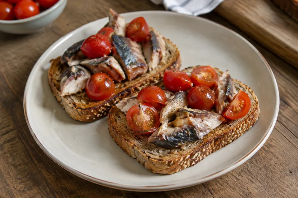 Sardine & tomato wholegrain toast, served and ready to eat