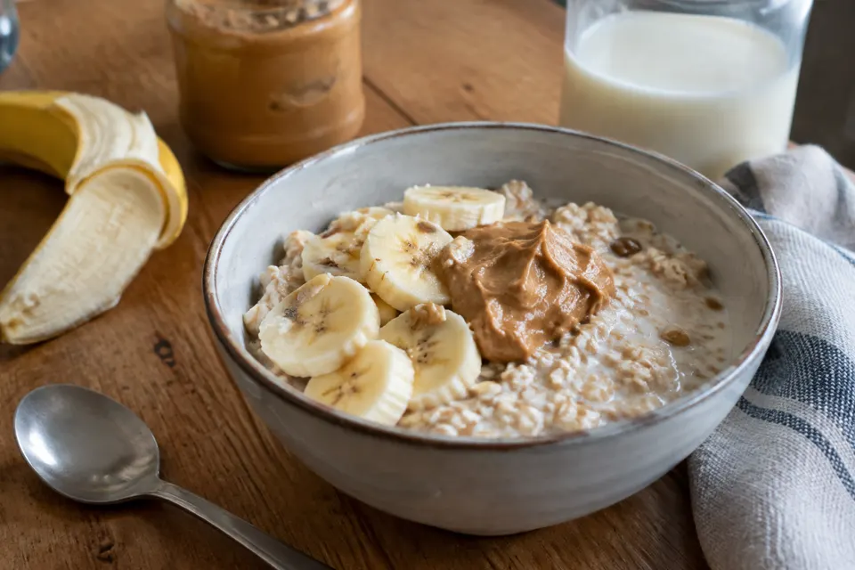 Overnight oats with peanut butter, served and ready to eat