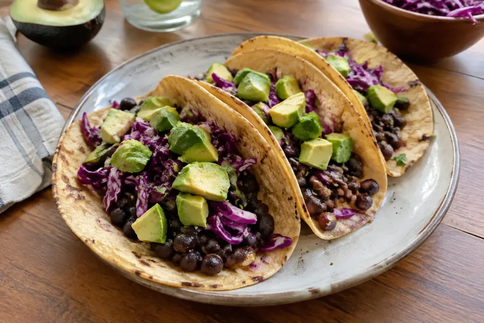 Black bean tacos with avocado, served and ready to eat