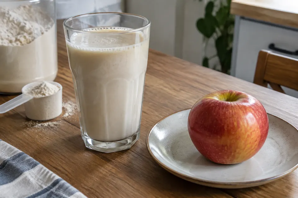 Protein shake & apple, served and ready to eat