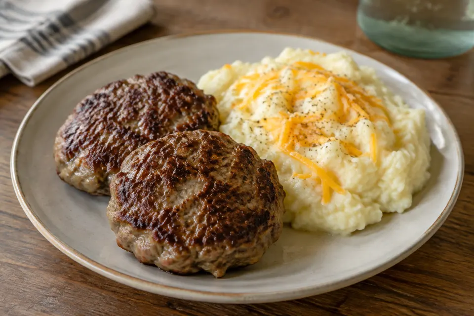 Beef burger patties with cauliflower mash, served and ready to eat