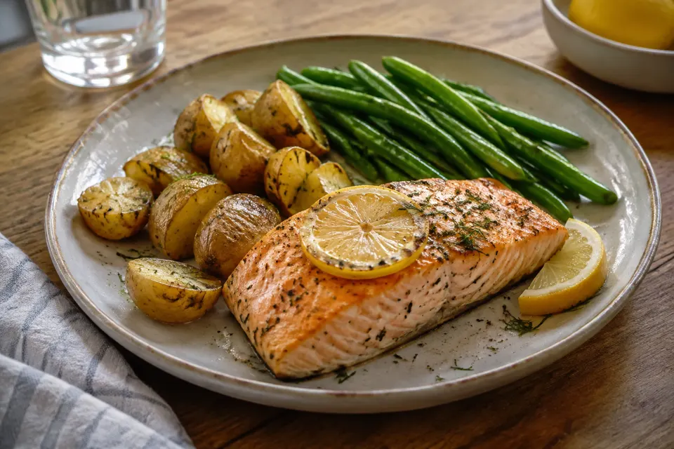 Lemon salmon, potatoes & green beans, served and ready to eat