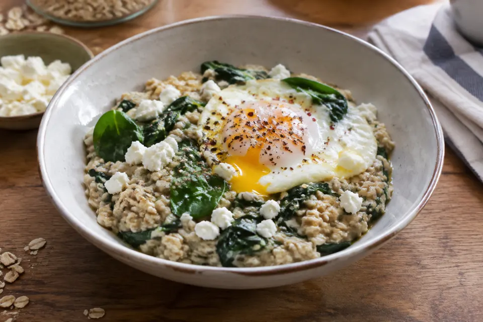 Savoury oats with feta & spinach, served and ready to eat
