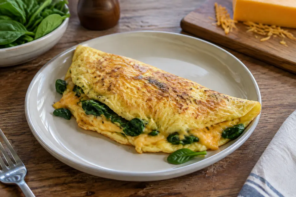 Spinach & cheddar omelette, served and ready to eat