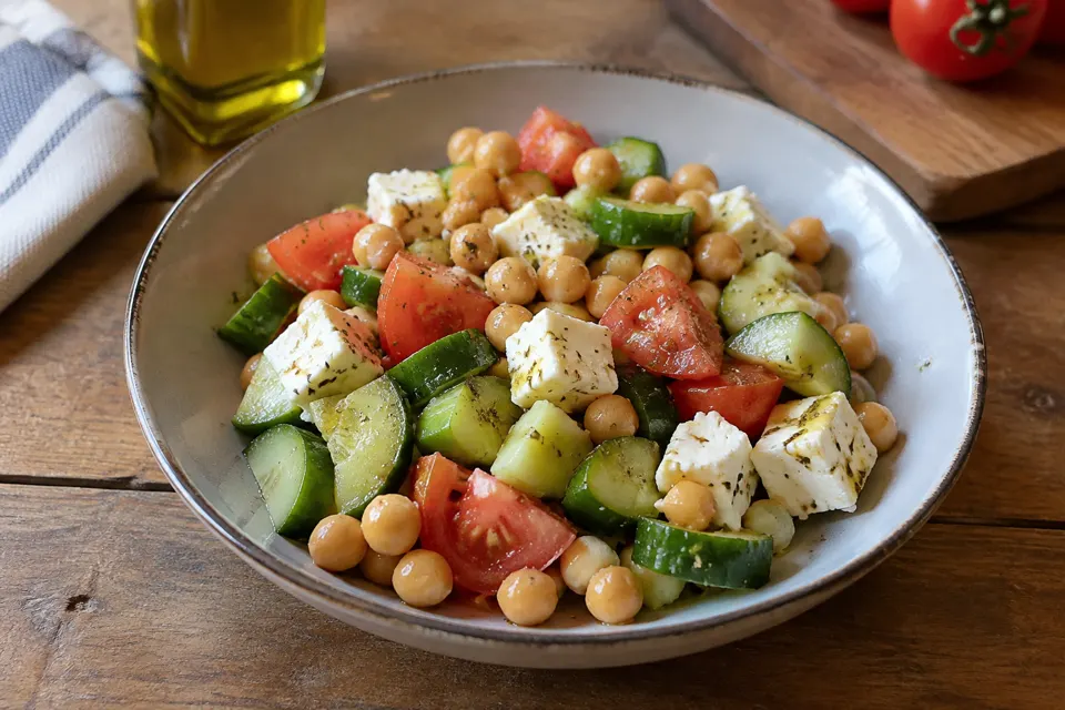 Greek salad with chickpeas, served and ready to eat