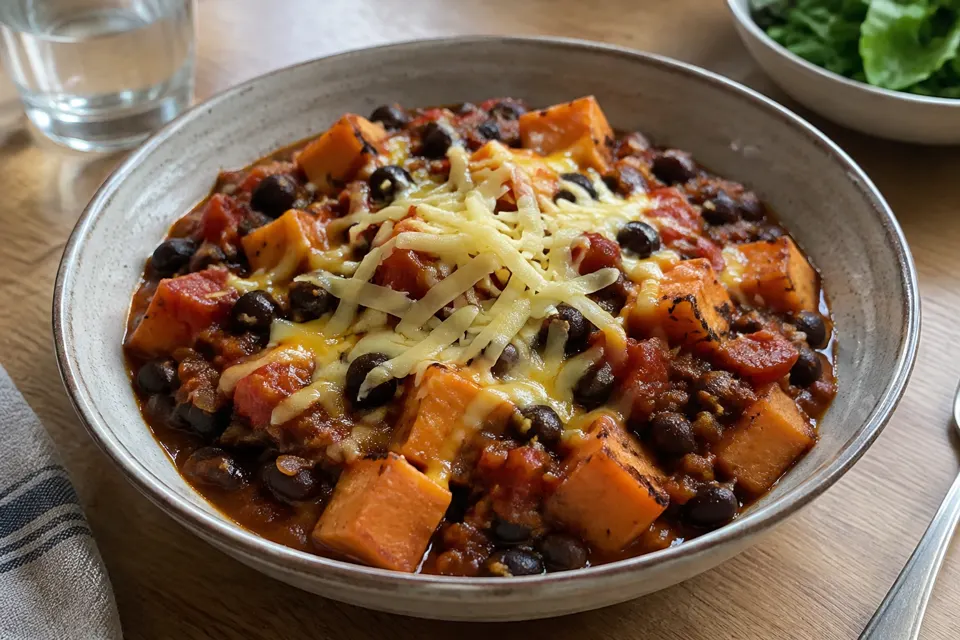Black bean & sweet potato chilli, served and ready to eat