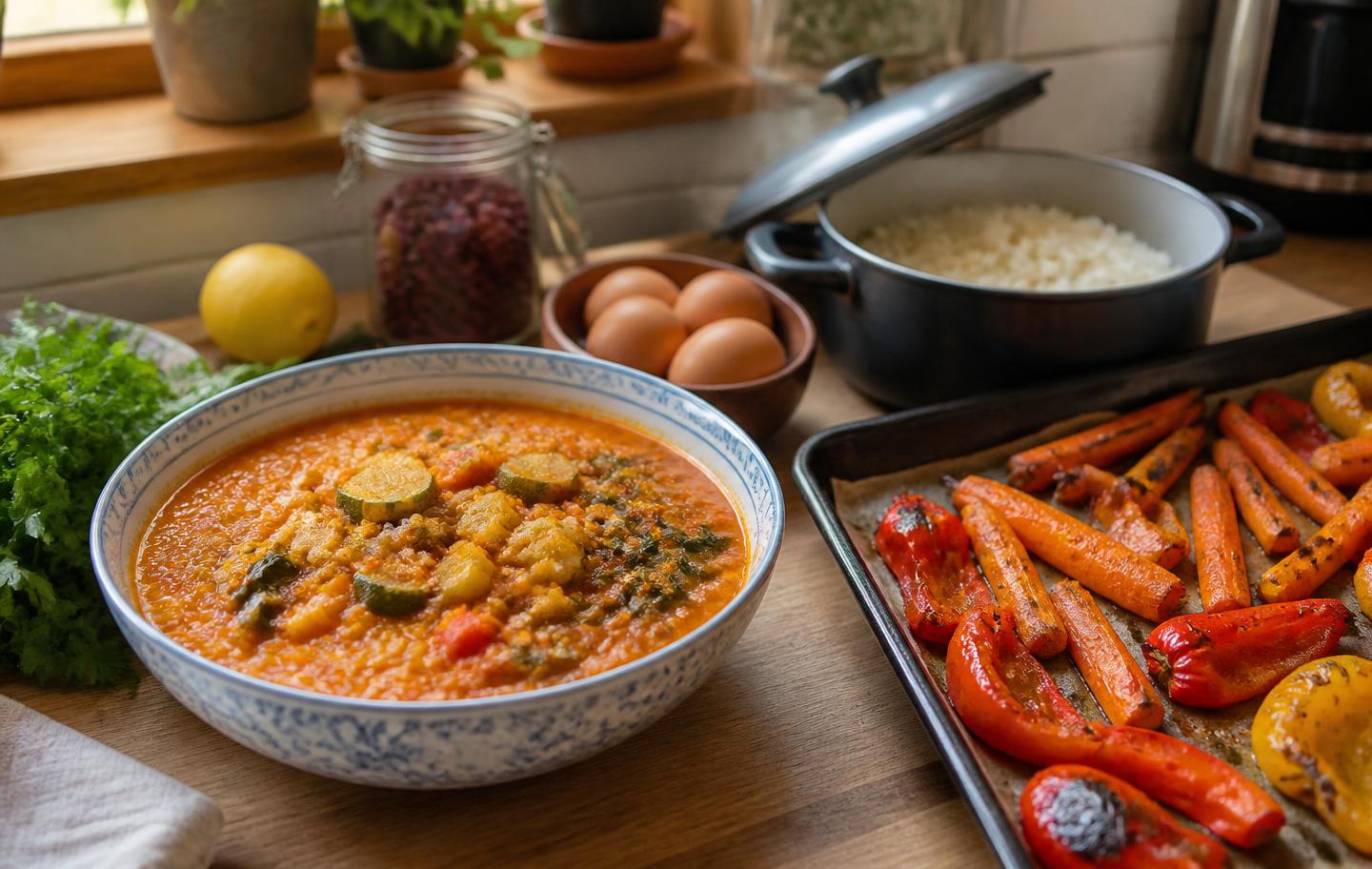 A home kitchen counter with a bowl of red lentil and vegetable stew, a pot of rice, a tray of roasted carrots and peppers, eggs, dried beans, parsley and a lemon